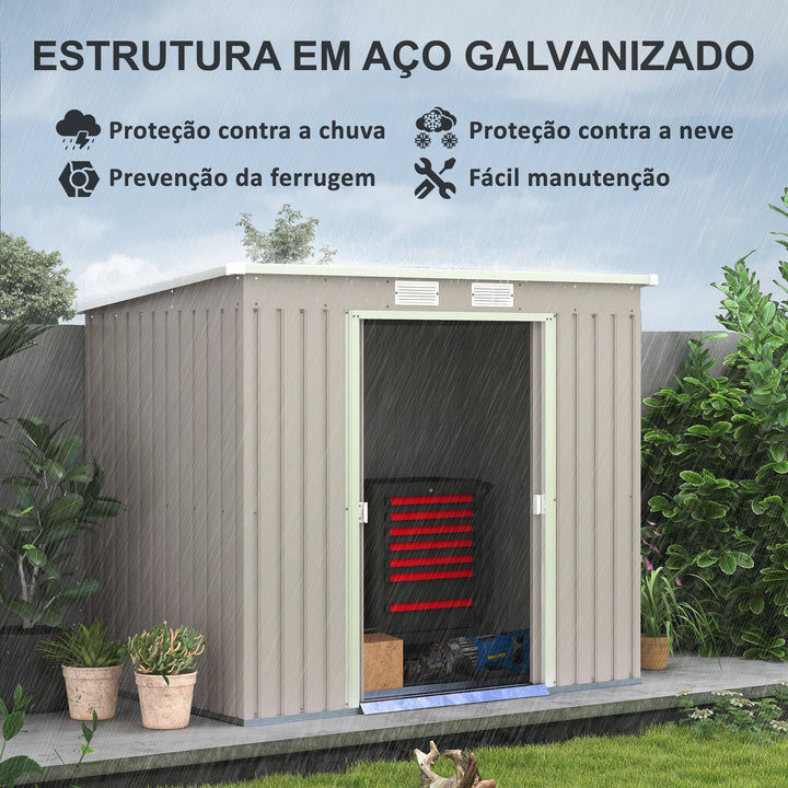 Abrigo de Jardim 213x130x172 cm Abrigo de Exterior de Aço Galvanizado com Porta Corredeira e Ventilações para Armazenamento de Ferramentas Cinza Claro