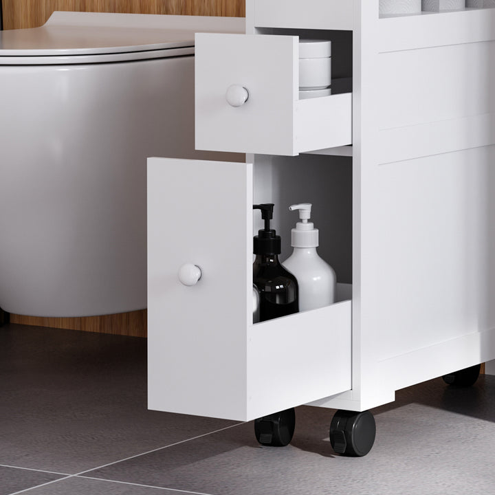 Móvel Auxiliar Casa de Banho Móvel Casa de Banho para Espaços Reduzidos com 4 Rodas Prateleira Aberta e Gavetas 16x52x71,5 cm Branco