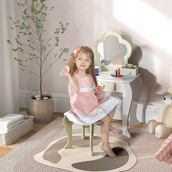 Toucador para Crianças com Espelho e Banco Toucador de Maquilhagem para Crianças de 3-6 Anos com 2 Compartimentos e Gaveta 55x34x87,5 cm Branco e Verde Pastel