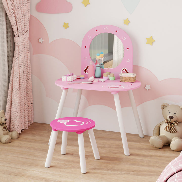Toucador Infantil com Banco e Espelho Toucador para Meninas com Desenhos de Corações Mesa de Maquilhagem para Crianças de 3-6 Anos 60x43,5x83 cm Rosa