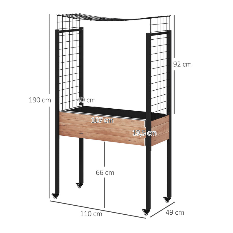 Horta Elevada com Rodas Horta Urbana Elevada com Treliça Orifícios de Drenagem para Plantas Trepadeiras Flores 110x49x190 cm Marrom