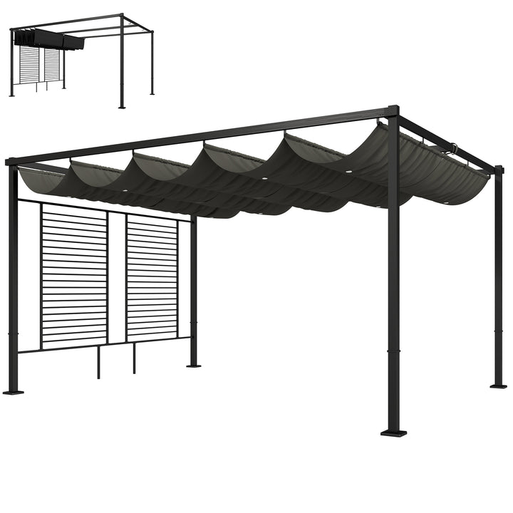 Pérgola de Jardim 4x3 m com Teto Retrátil e 2 Painéis de Privacidade Fixos Pérgola de Jardim com Proteção UPF50+ Drenagem Estrutura Metálica Refúgio para Exterior Cinzento Escuro