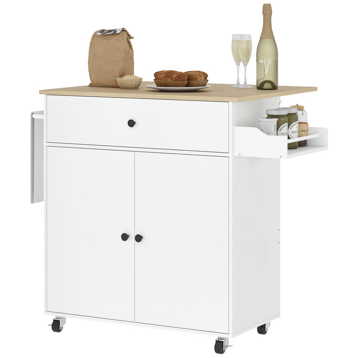 Ilha de Cozinha com Rodas Carrinho de Cozinha com Lateral Dobrável 2 Portas Gaveta Suporte para Temperos e Panos e Prateleira Ajustável 106x42x87 cm Branco e Carvalho