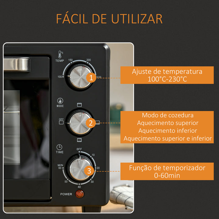 Mini Forno Elétrico 21L 1400W Forno Elétrico de Mesa com Temporizador até 60min e Temperatura Ajustável até 230? 46x38,5x29 cm Preto