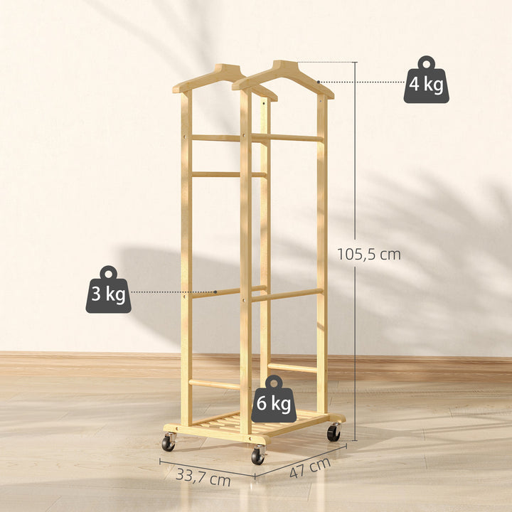 Cabide de Pé de Bambu Cabide com Rodas Suportes para Roupas Barras para Calças Bandeja e Sapateira Cabide para Roupas Corredor 47x33,7x105,5 cm Madeira