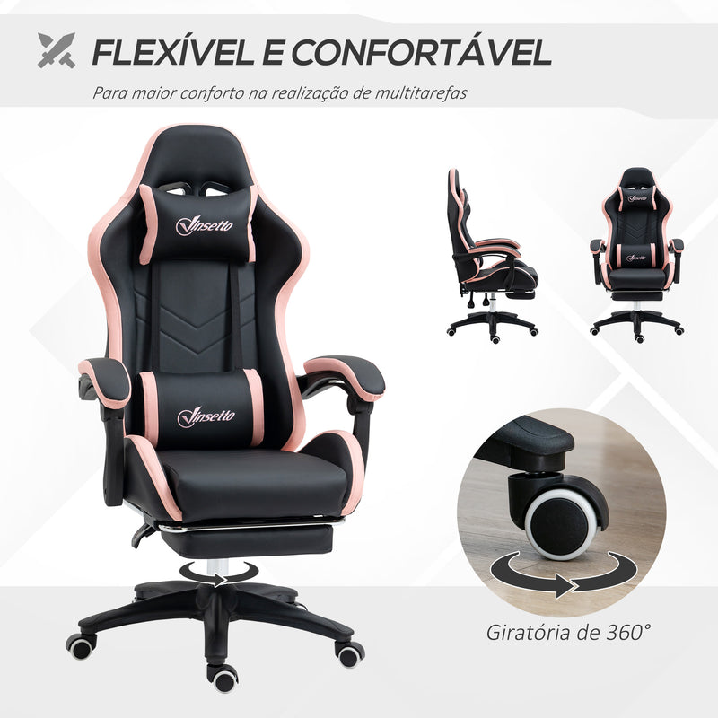 Cadeira Gaming Cadeira Gamer Racing de Couro PU com Altura Ajustável Reclinável 135° Apoio para a Cabeça e Apoio para os Pés Retrátil para Escritório Estúdio 65x65x121-129 cm Preto e Rosa