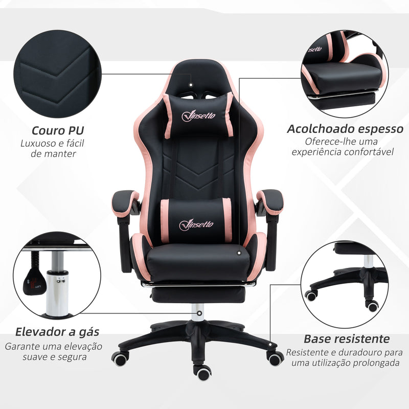 Cadeira Gaming Cadeira Gamer Racing de Couro PU com Altura Ajustável Reclinável 135° Apoio para a Cabeça e Apoio para os Pés Retrátil para Escritório Estúdio 65x65x121-129 cm Preto e Rosa