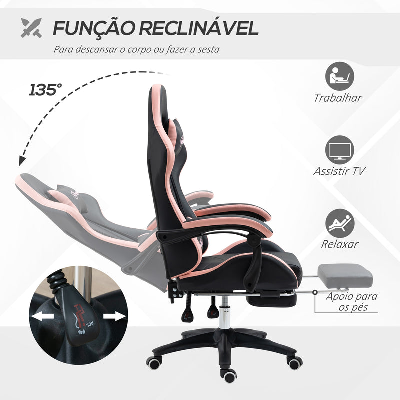 Cadeira Gaming Cadeira Gamer Racing de Couro PU com Altura Ajustável Reclinável 135° Apoio para a Cabeça e Apoio para os Pés Retrátil para Escritório Estúdio 65x65x121-129 cm Preto e Rosa