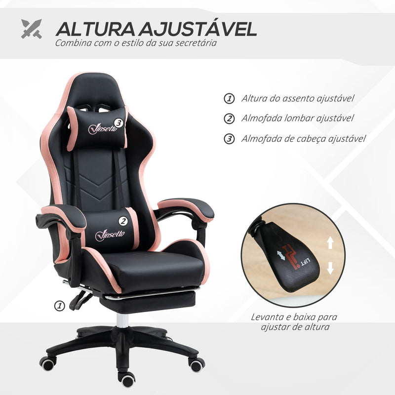 Cadeira Gaming Cadeira Gamer Racing de Couro PU com Altura Ajustável Reclinável 135° Apoio para a Cabeça e Apoio para os Pés Retrátil para Escritório Estúdio 65x65x121-129 cm Preto e Rosa