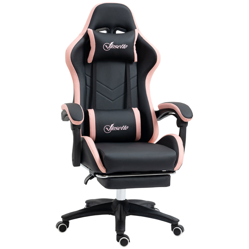 Cadeira Gaming Cadeira Gamer Racing de Couro PU com Altura Ajustável Reclinável 135° Apoio para a Cabeça e Apoio para os Pés Retrátil para Escritório Estúdio 65x65x121-129 cm Preto e Rosa