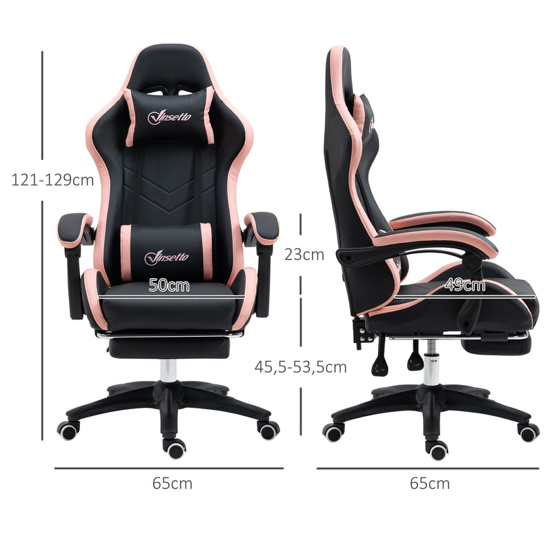 Cadeira Gaming Cadeira Gamer Racing de Couro PU com Altura Ajustável Reclinável 135° Apoio para a Cabeça e Apoio para os Pés Retrátil para Escritório Estúdio 65x65x121-129 cm Preto e Rosa