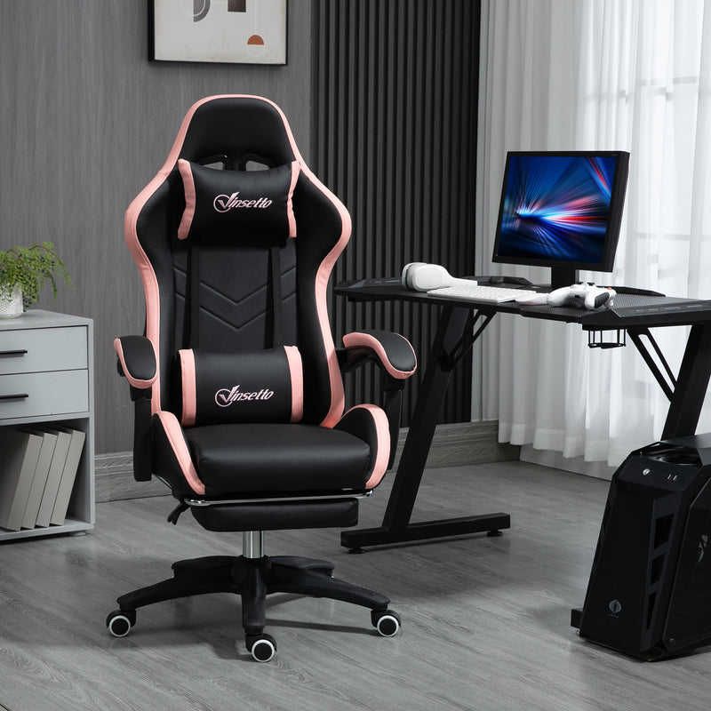 Cadeira Gaming Cadeira Gamer Racing de Couro PU com Altura Ajustável Reclinável 135° Apoio para a Cabeça e Apoio para os Pés Retrátil para Escritório Estúdio 65x65x121-129 cm Preto e Rosa