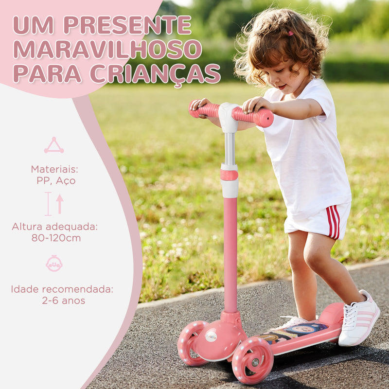 Trotinete para Crianças de 2-6 Anos Trotinete Infantil Dobrável Trotinete com 3 Rodas LED Altura Ajustável Carga 25 kg 52x29x63-76 cm Rosa