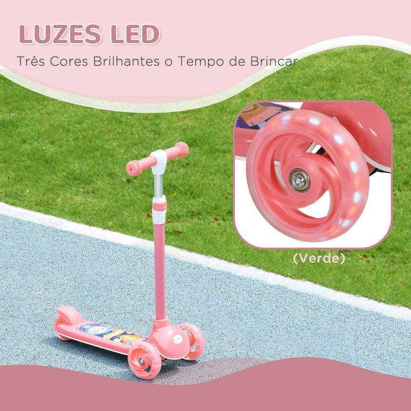 Trotinete para Crianças de 2-6 Anos Trotinete Infantil Dobrável Trotinete com 3 Rodas LED Altura Ajustável Carga 25 kg 52x29x63-76 cm Rosa