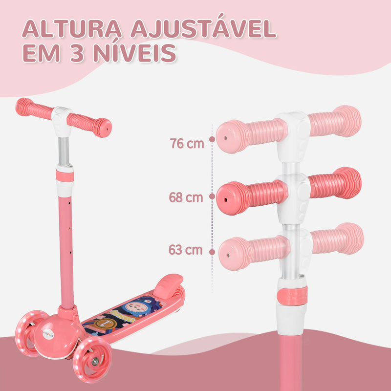 Trotinete para Crianças de 2-6 Anos Trotinete Infantil Dobrável Trotinete com 3 Rodas LED Altura Ajustável Carga 25 kg 52x29x63-76 cm Rosa