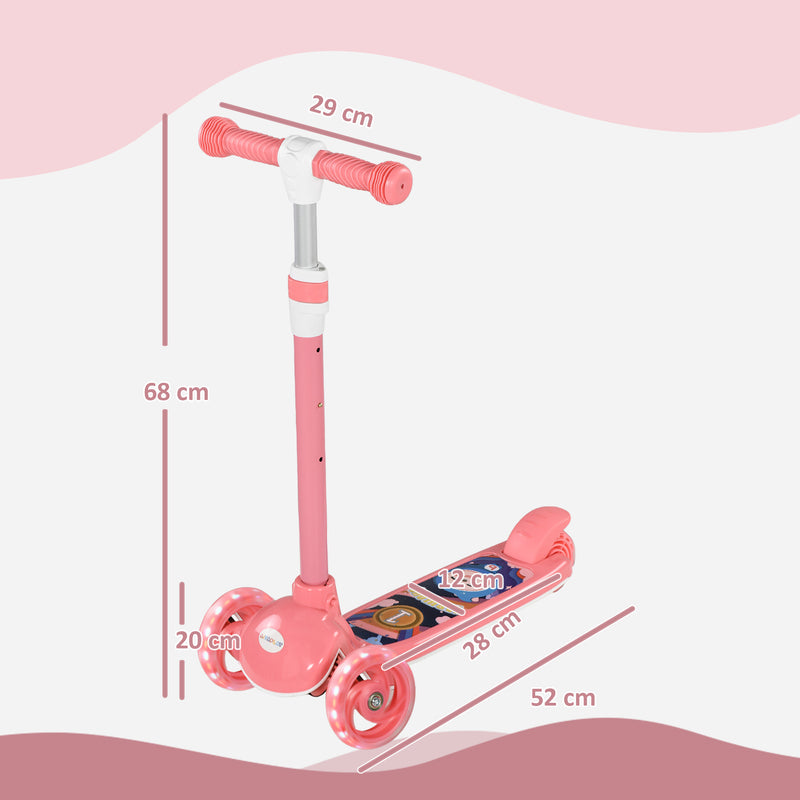 Trotinete para Crianças de 2-6 Anos Trotinete Infantil Dobrável Trotinete com 3 Rodas LED Altura Ajustável Carga 25 kg 52x29x63-76 cm Rosa