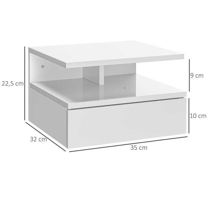 Conjunto de 2 Mesas de Cabeceira Flutuante com 1 Gaveta e Prateleira Aberta com Desenho Moderno Montado na Parede 35x32x22,5 cm Branco