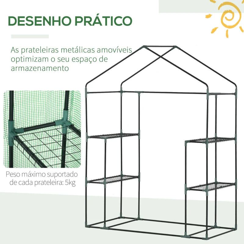 Estufa de Jardim 140x70x190cm Estufa com 4 Prateleiras Porta Enrolável Cobertura de PE 140g/m² e Estrutura de Aço para Cultivos de Plantas Flores Verde