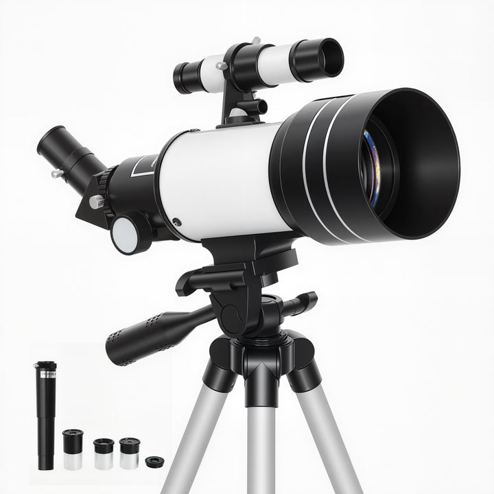 Telescópio Astronómico para Adultos e Principiantes Abertura de 70 mm 30X-300X 300 mm Portátil com Lente Barlow 3X Nível e Tripé Ajustável de Alumínio Branco e Preto