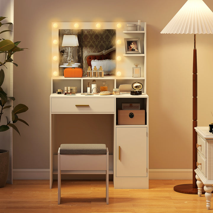 Toucador de Maquilhagem com Luzes LED e Banco Toucador com Espelho 10 Lâmpadas LED Gaveta Prateleiras Compartimentos Abertos para Quarto Closet Branco