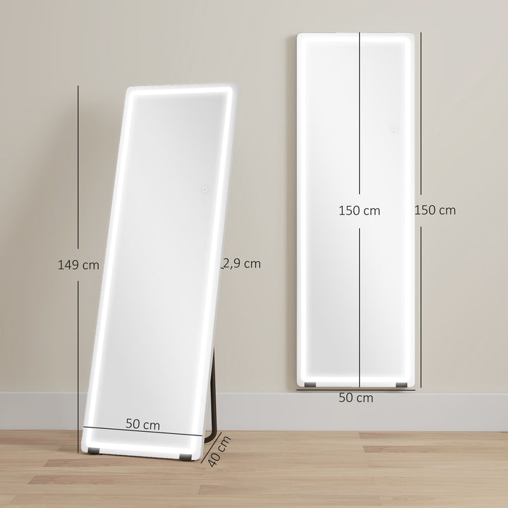 Espelho de Corpo Inteiro com Luzes 150x50 cm, Sem Moldura 3 Temperaturas de Cor Brilho Ajustável Independente de Pé ou Parede para Quarto Transparente