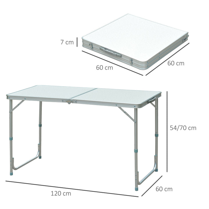Mesa de acampamento dobrável e conversível com altura ajustável - Cor: Branco - Alumínio e MDF - 120x60x54-70cm