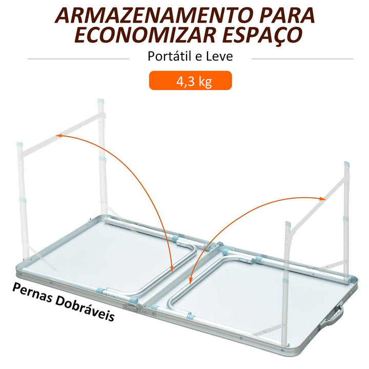 Mesa de acampamento dobrável e conversível com altura ajustável - Cor: Branco - Alumínio e MDF - 120x60x54-70cm