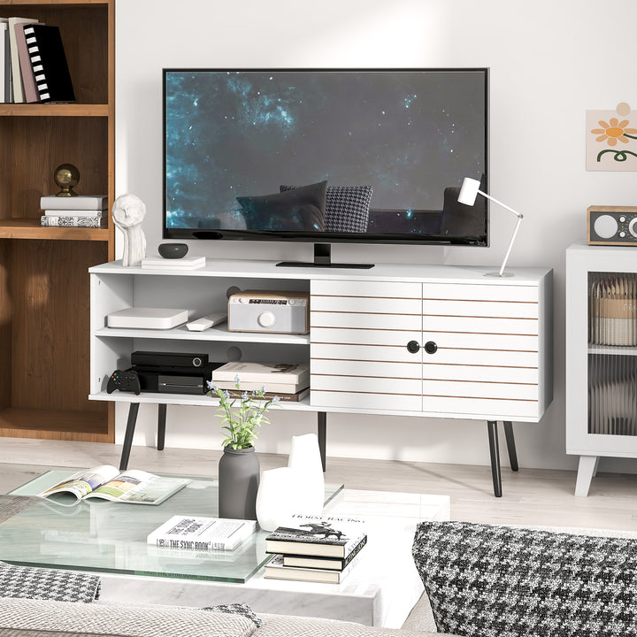 Móvel de TV para Televisores de até 65 Polegadas Móvel de TV para Sala com 2 Prateleiras Abertas 1 Armário com Portas e Orifícios para Cabos 145x38x65 cm Estilo Moderno Branco