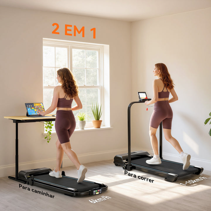 Passadeira Dobrável 2 em 1 Elétrica para Casa Sob a Secretária com 2,5HP 10 km/h Ecrã LED e Controlo Remoto Portátil para Ginásio e Escritório 130x59x96 cm Preto e Azul