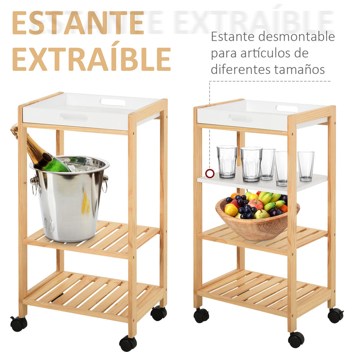 Carrinho de cozinha de 4 niveis com bandeja removível 40x30x76 cm Branco