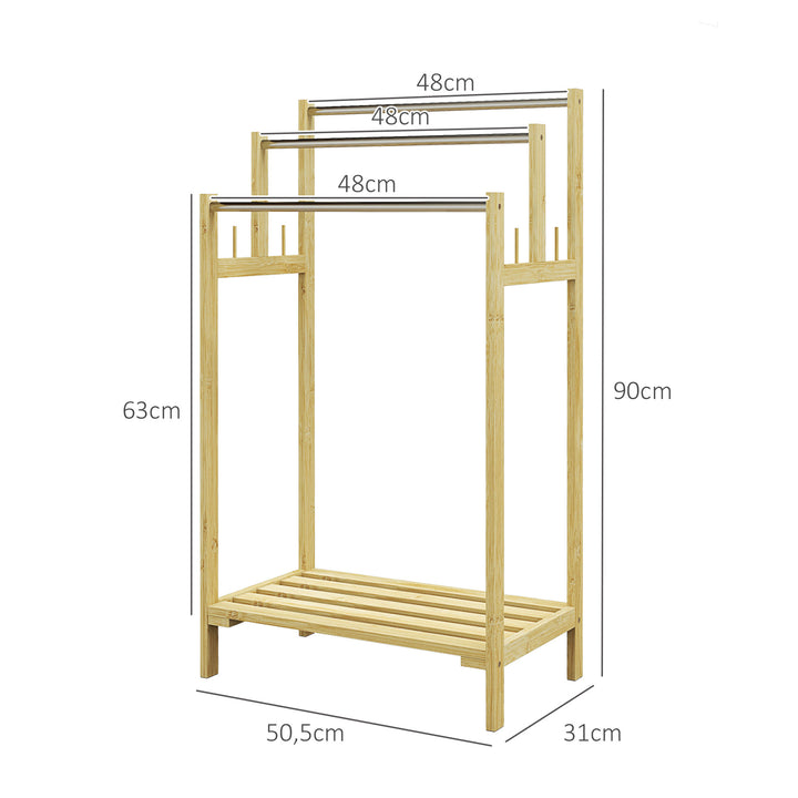 Toalheiro de Pé de Bambu Toalheiro Escada para Casa de Banho com 3 Barras de Aço Inoxidável Prateleira Aberta 4 Ganchos Estilo Moderno 50,5x31x90 cm Madeira