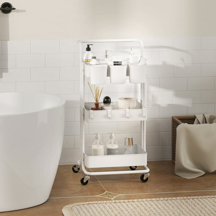 Carrinho de Cozinha de Aço Carrinho de Armazenamento com 4 Ganchos 3 Cestas Removíveis 3 Caixas Suspensas e Travões para Casa de Banho Sala de Estar Dormitório 42x38x86,5 cm Branco