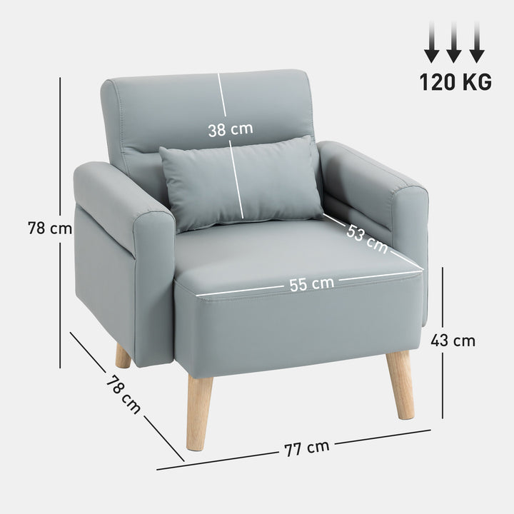 Poltrona Moderna Estofada em Couro Sintético com Apoios de Braço Acolchoados Encosto com Costuras e Pés em Madeira para Dormitório 77x78x78 cm Cinzento