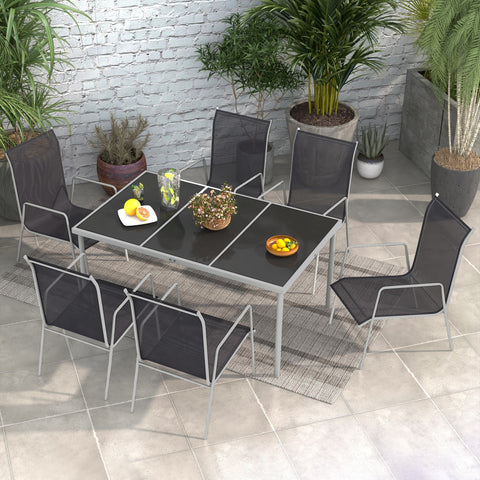 Conjunto de Refeição 7 Peças Conjunto de Refeição de Jardim com Mesa de Vidro Temperado e 6 Cadeiras Empilháveis com Apoio para os Braços Preto