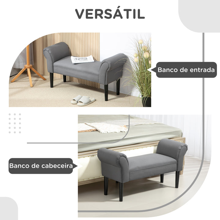 Banco para Pé de Cama Banco Estofado em Linho Sintético com Pés de Madeira Braços e Assento Acolchoado Estilo Moderno para Quarto Entrada Corredor Cinzento Escuro