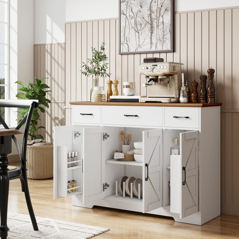 Aparador de Cozinha Rústico Armário de Cozinha com 4 Prateleiras de Porta 3 Gavetas Prateleiras Ajustáveis Porta com Fecho Suave Móvel de TV para 48-55 Polegadas 120x38x87 cm Branco e Nogueira