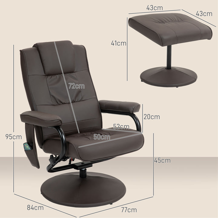 Poltrona de Massagem Elétrica com Banco para Apoiar os Pés Poltrona Relax Giratório Reclinável em até 145° com Controle Remoto e 10 Zonas de Massagem Estofado em PU 77x84x95 cm Marrom Escuro