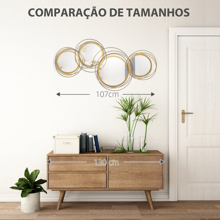 Decoração de Parede de Metal 3D de Espelhos Redondos 107x56cm Arte de Parede Decoração de Parede Metálica para Sala de Estar Dormitório Cozinha Dourado