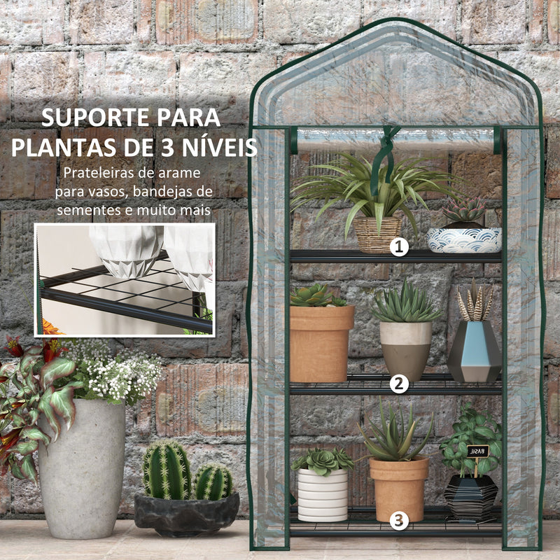 Estufa de Jardim de 3 Níveis Estufa de Terraço com 3 Prateleiras 1 Porta com Fecho de Correr para Cultivo de Plantas Flores Vegetais, 59x39x127 cm Transparente