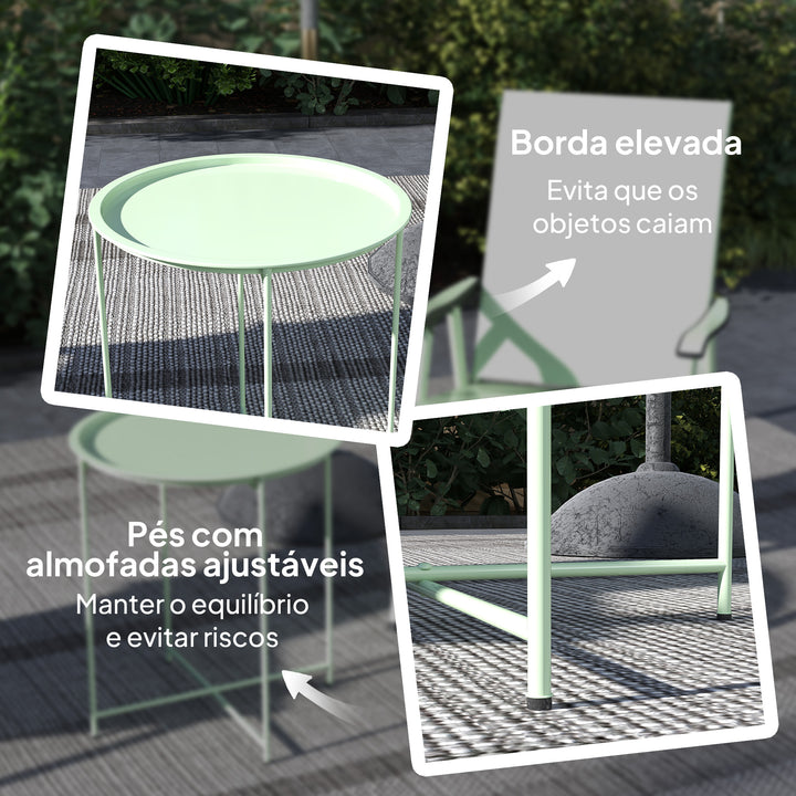 Mesa Auxiliar Redonda Mesa de Jardim com Bandeja Amovível Pés Dobráveis Mesa para Exterior Pátio Ø46x50 cm Verde