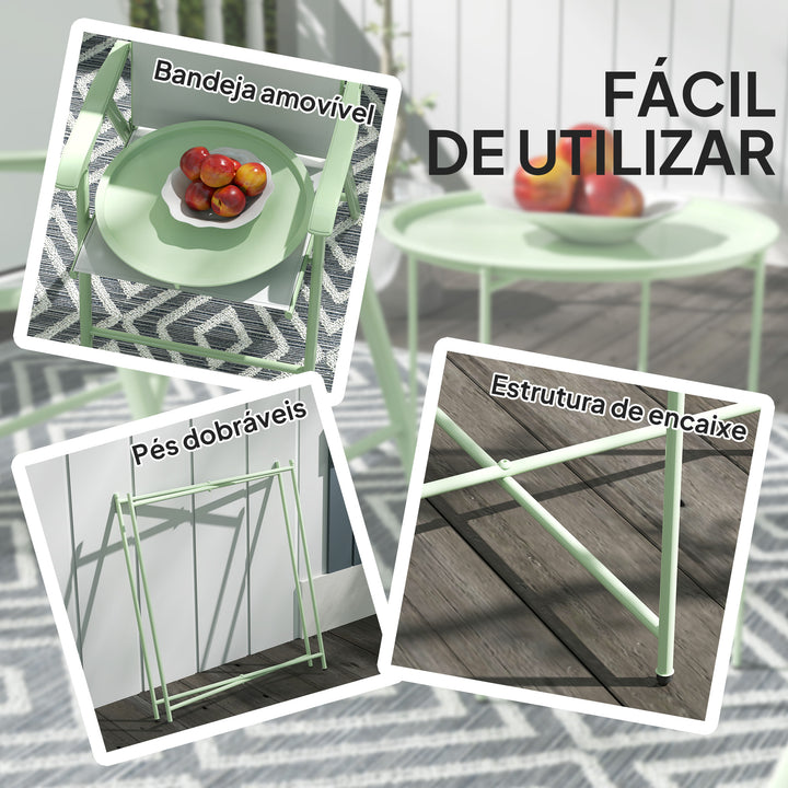 Mesa Auxiliar Redonda Mesa de Jardim com Bandeja Amovível Pés Dobráveis Mesa para Exterior Pátio Ø46x50 cm Verde