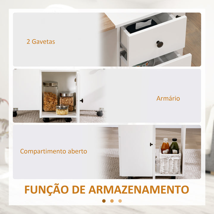 Mesa de Refeição Dobrável com Rodas Mesa Abatível com 2 Gavetas e Armário Mesa Auxiliar Multifuncional para Estúdio Cozinha 120x60x76,5 cm Branco