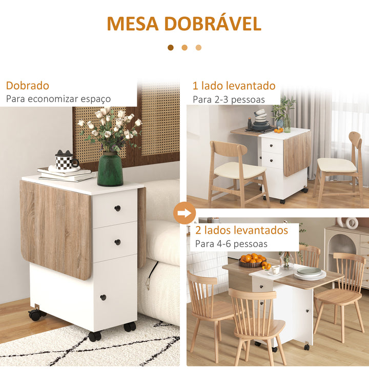 Mesa de Refeição Dobrável com Rodas Mesa Abatível com 2 Gavetas e Armário Mesa Auxiliar Multifuncional para Estúdio Cozinha 120x60x76,5 cm Branco