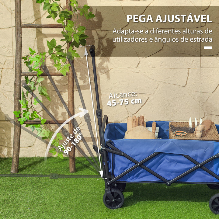 Carrinho de Transporte com Rodas Carrinho de Jardim Dobrável com Pega Telescópica Ajustável 2 Bolsas de Arrumação Carrinho de Praia Jardim Campismo Carga 120 kg 64x42x27 cm Azul