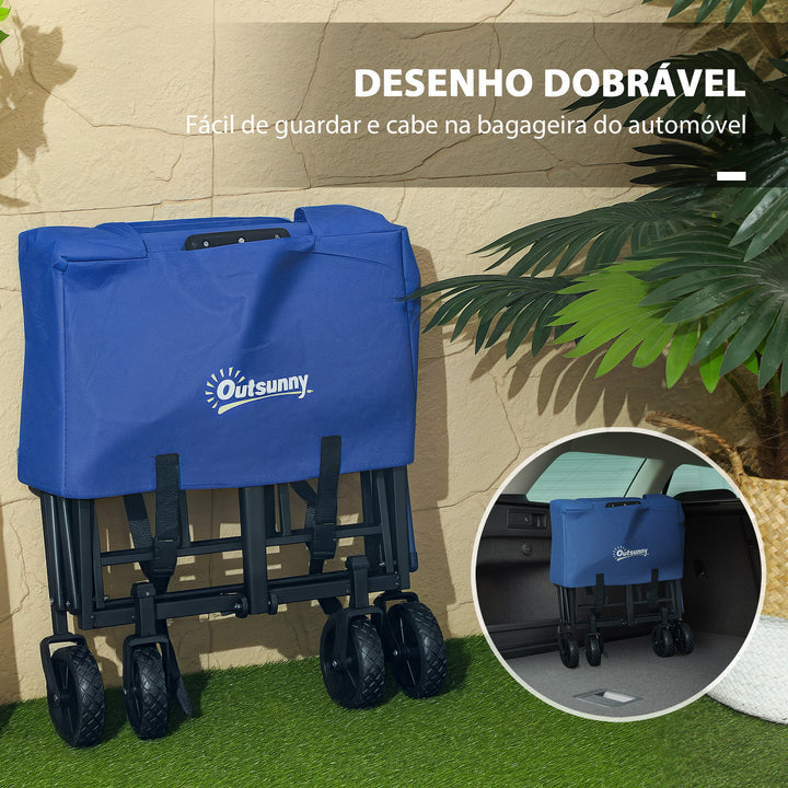 Carrinho de Transporte com Rodas Carrinho de Jardim Dobrável com Pega Telescópica Ajustável 2 Bolsas de Arrumação Carrinho de Praia Jardim Campismo Carga 120 kg 64x42x27 cm Azul