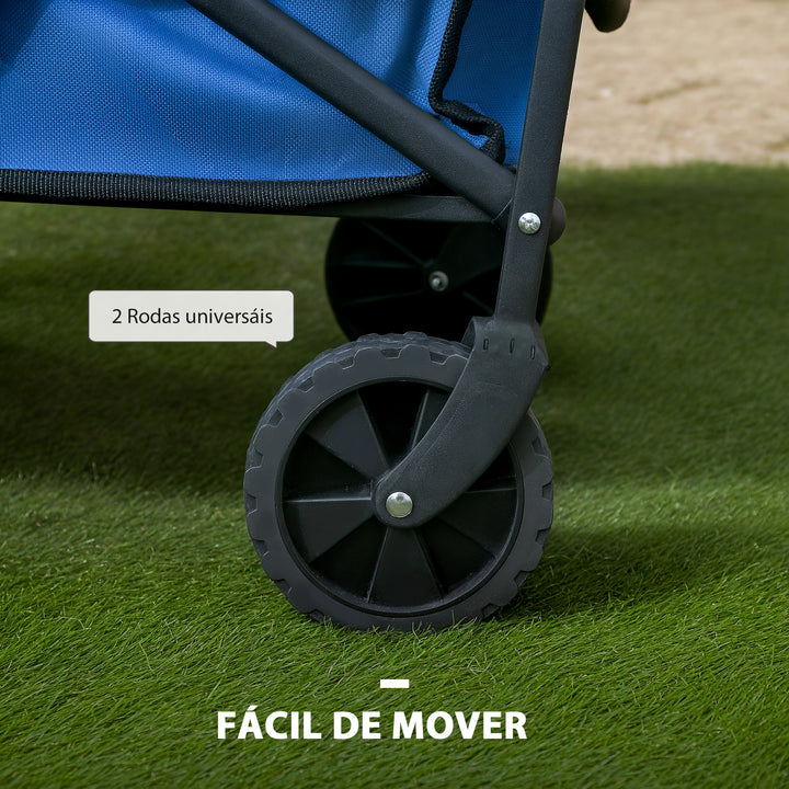 Carrinho de Transporte com Rodas Carrinho de Jardim Dobrável com Pega Telescópica Ajustável 2 Bolsas de Arrumação Carrinho de Praia Jardim Campismo Carga 120 kg 64x42x27 cm Azul