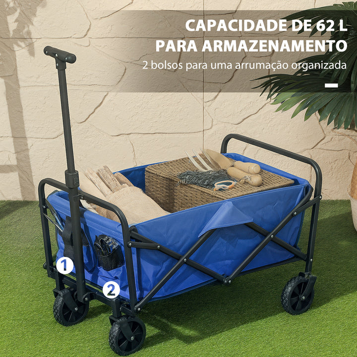 Carrinho de Transporte com Rodas Carrinho de Jardim Dobrável com Pega Telescópica Ajustável 2 Bolsas de Arrumação Carrinho de Praia Jardim Campismo Carga 120 kg 64x42x27 cm Azul