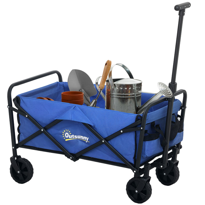 Carrinho de Transporte com Rodas Carrinho de Jardim Dobrável com Pega Telescópica Ajustável 2 Bolsas de Arrumação Carrinho de Praia Jardim Campismo Carga 120 kg 64x42x27 cm Azul