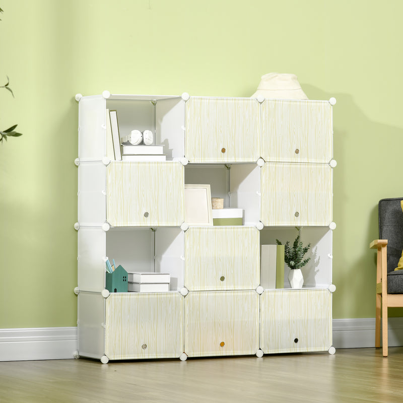 Armário Modular de Plástico Armário Portátil com 12 Cubos Organizadores de Sapatos Roupas Brinquedos para Entrada Corredor Dormitório 125x32x125cm Branco e Natural