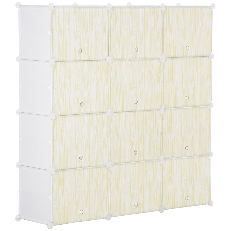 Armário Modular de Plástico Armário Portátil com 12 Cubos Organizadores de Sapatos Roupas Brinquedos para Entrada Corredor Dormitório 125x32x125cm Branco e Natural